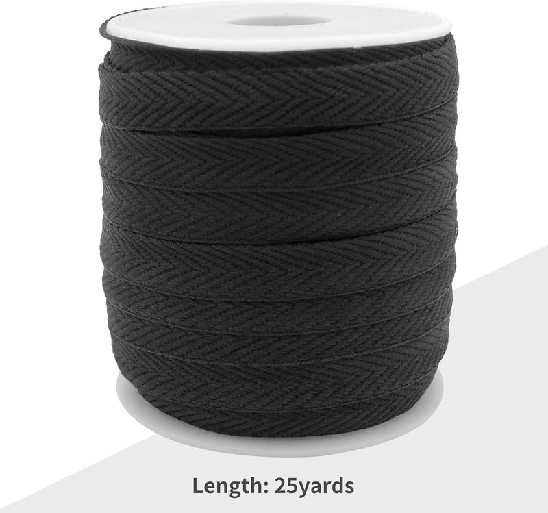 Evora 3/8 Inch Herringbone Twill Tape - 25 Yards Polyester Cotton Fabric Trim, 1mm Thick Durable Soft Webbing Strap for Sewing & Garment, Crafting- Flat Double Fold Bias Tape (Black 003) - Image 2